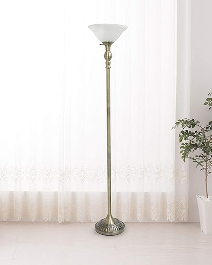 Elegant Designs LF2001-ABS 1 Light Torchiere Marbleized White Glass Shade Floor Lamp, Antique Brass - LeafyLoom