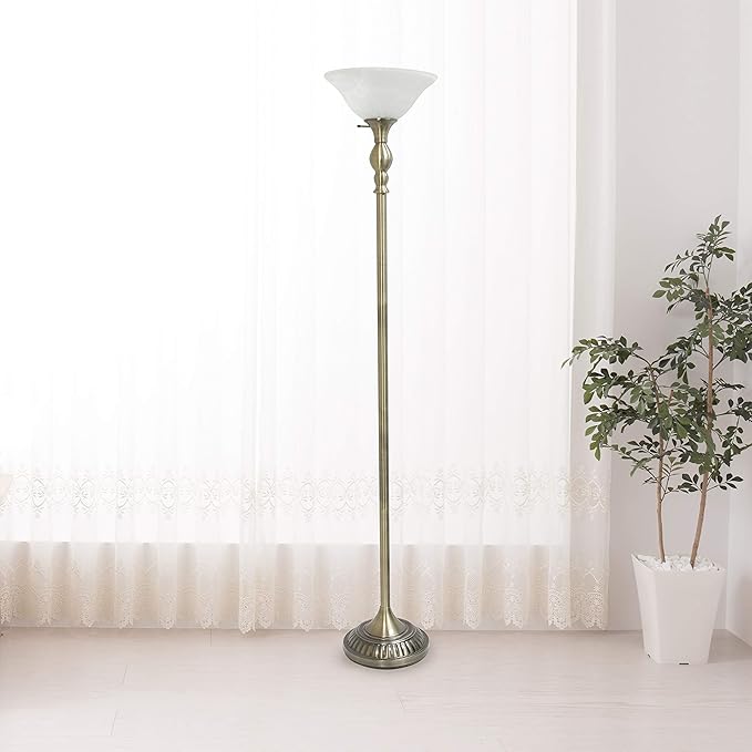 Elegant Designs LF2001-ABS 1 Light Torchiere Marbleized White Glass Shade Floor Lamp, Antique Brass - LeafyLoom