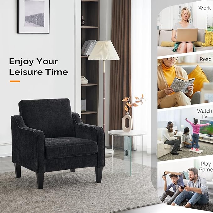 VINGLI Living Room Chairs Set of 2, Black Accent Chair 5.5" Thick Seat Cushion Comfy Chair Soft Chenille Side Chair Upholstered Arm Chair for Bedroom, Play Room, Apartment, Office (Black) - LeafyLoom
