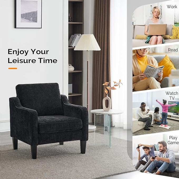 VINGLI Accent Chairs for Living Room Chairs Reading Chair Mid Century Modern Chair Soft Chenille Sofa Chair Upholstered Arm Chair Comfy Chair Side Chair (Black Chenille) - LeafyLoom