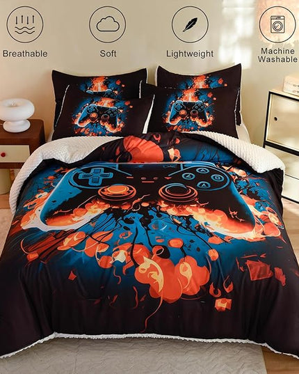 Video Game Twin Size Comforter Set for Boys Kids Teens Gamepad Gaming Controller and Fire Pattern Bedding Set- 3 Piece Quilt with 2 Pillowcases (68"x90") - LeafyLoom