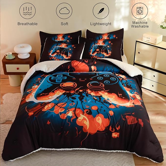 Video Game Twin Size Comforter Set for Boys Kids Teens Gamepad Gaming Controller and Fire Pattern Bedding Set- 3 Piece Quilt with 2 Pillowcases (68"x90") - LeafyLoom
