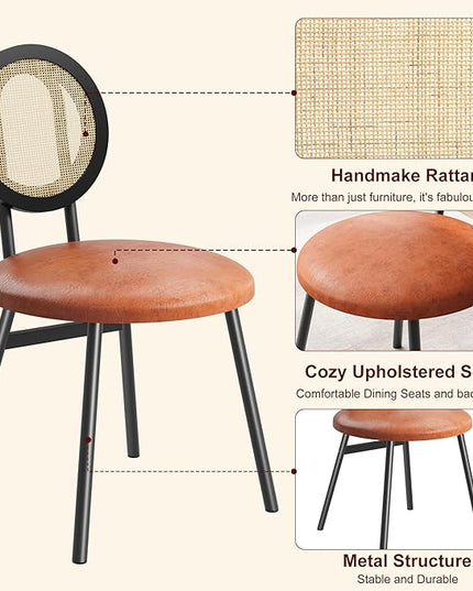 IDEALHOUSE Dining Chairs Set of 2, Rattan Kitchen Chairs with Thicken Upholstered, Modern Dining Room Chairs Set of 2, Space Saving Dining Chairs with Metal Legs for Living Room - LeafyLoom