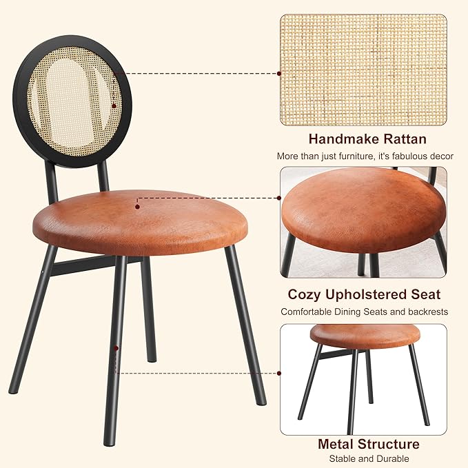 IDEALHOUSE Dining Chairs Set of 2, Rattan Kitchen Chairs with Thicken Upholstered, Modern Dining Room Chairs Set of 2, Space Saving Dining Chairs with Metal Legs for Living Room - LeafyLoom