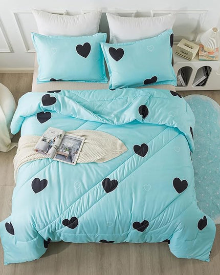 Love Pattern Girls Comforter Set Full Size, Sky Blue Cute Love Heart Print Comforter Bedding Set for All Seasons, Geometric Soft Microfiber 3 Pieces Comforter Set with Pillowcases - LeafyLoom