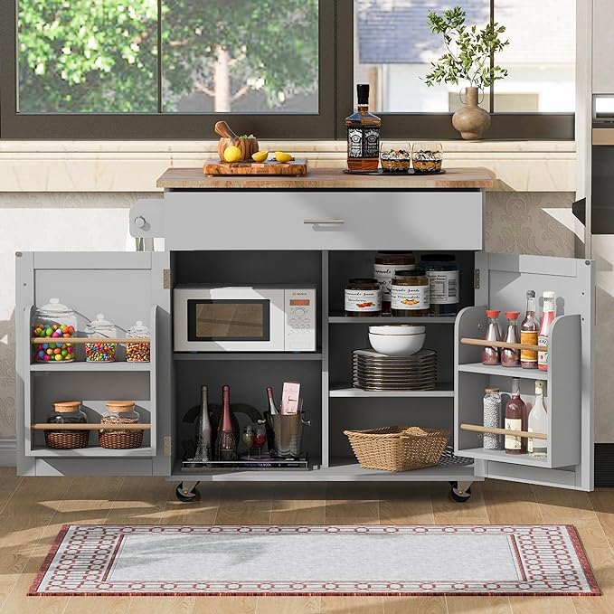 Island with Storage, Rolling Kitchen Cart on Wheels w/Drop Leaf, Internal Cabinet, Adjustable Shelf Towel Rack and Rubber Wood Countertop, for Dining Room, Home, Grey, 39 Inch - LeafyLoom