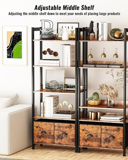 Furologee 5-Tier Bookshelf, Tall Bookcase with 2 Storage Drawers, Industrial Display Standing Shelf Units, Wood and Metal Storage Shelf for Living Room, Bedroom, Home Office, Rustic Brown - LeafyLoom
