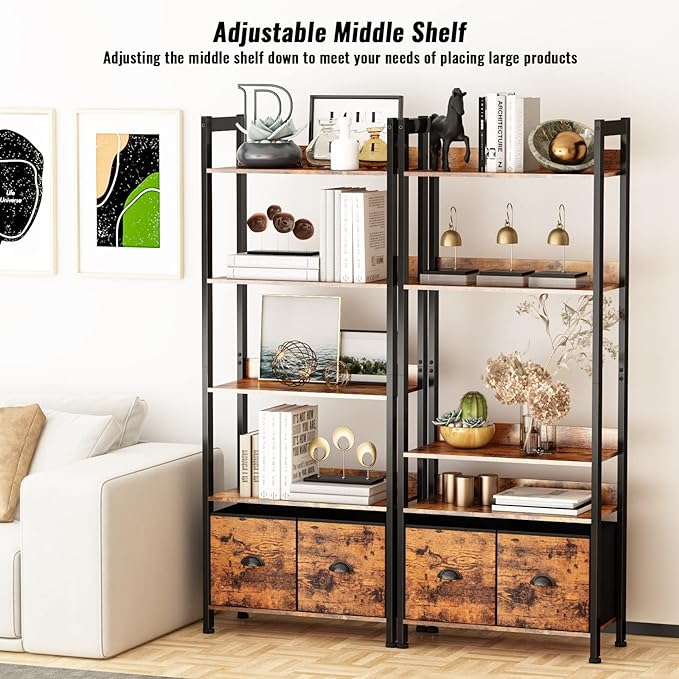 Furologee 5-Tier Bookshelf, Tall Bookcase with 2 Storage Drawers, Industrial Display Standing Shelf Units, Wood and Metal Storage Shelf for Living Room, Bedroom, Home Office, Rustic Brown - LeafyLoom