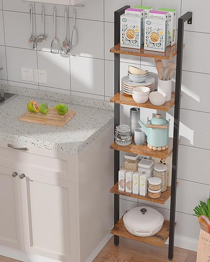 YMYNY 5 Tiers Ladder Bookcase, Industrial Wall Mounted Bookshelf, Open Display Rack with Metal Frame, Wooden Storage Shelves for Bedroom, Home Office, Plant Stand, Rustic Brown, 70*17.3*11.8"UHBC015H - LeafyLoom