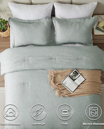 CozyLux Queen Size Comforter Set - 3 Pieces Sage Green Soft Luxury Cationic Dyeing Bedding Comforter for All Season, Breathable Lightweight Fluffy Boho Bed Sets with 1 Comforter and 2 Pillow Shams - LeafyLoom