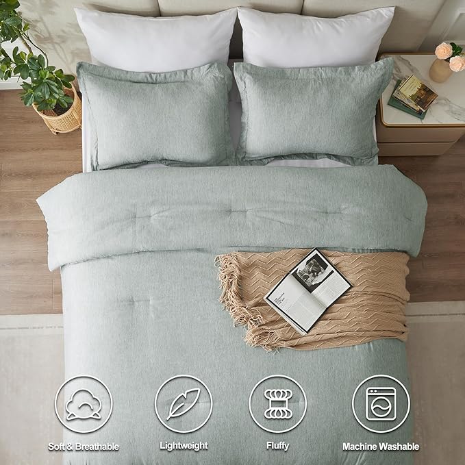 CozyLux Queen Size Comforter Set - 3 Pieces Sage Green Soft Luxury Cationic Dyeing Bedding Comforter for All Season, Breathable Lightweight Fluffy Boho Bed Sets with 1 Comforter and 2 Pillow Shams - LeafyLoom