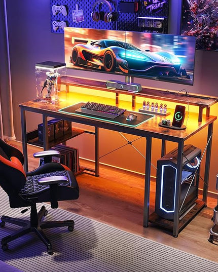 ODK 48 inch Gaming Desk with LED Lights & Power Outlets, Computer Desk with Monitor Stand & Storage Sheves, CPU Stand, Home Office Desk, Vintage - LeafyLoom