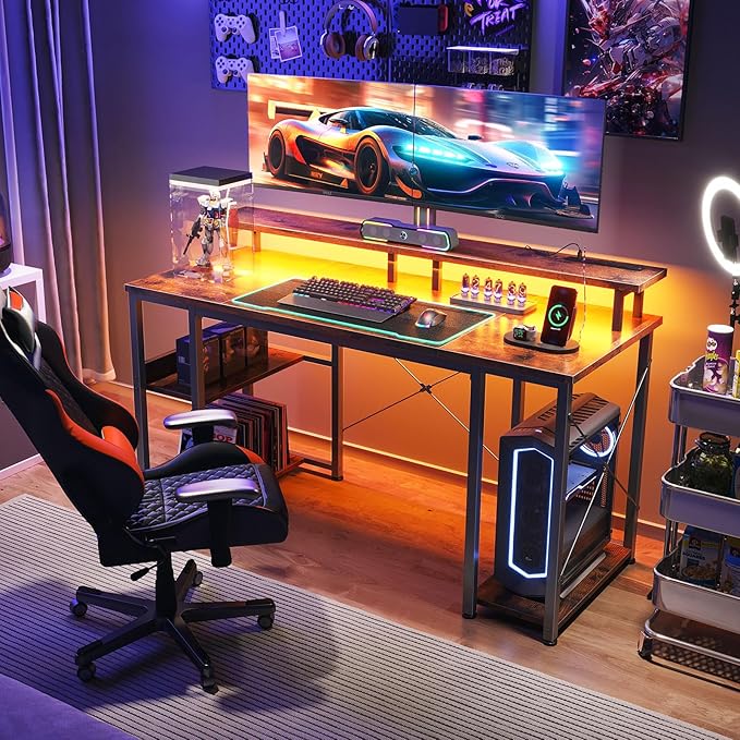 ODK 48 inch Gaming Desk with LED Lights & Power Outlets, Computer Desk with Monitor Stand & Storage Sheves, CPU Stand, Home Office Desk, Vintage - LeafyLoom