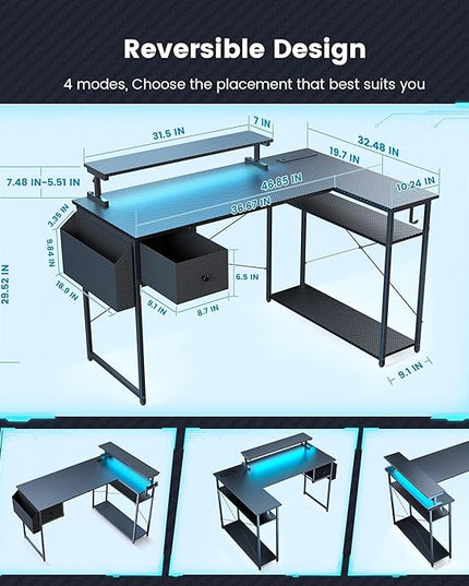 Gaming Desk, 47 inch L Shaped Gaming Desk, Computer Desk with LED Lights & Adjustable Stand, Power Outlets, Storage Drawer, Reversible Gaming Desk with Shelves, Hook, Black Carbon Fiber - LeafyLoom