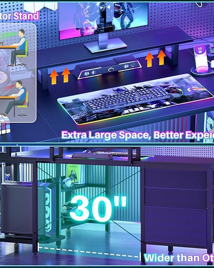 Aheaplus L Shaped Desk with Hutch, Gaming Desk with Led Lights, Reversible Computer Desk with Power Outlet, Corner Desk with File Drawer & Monitor Stand, Storage Shelves for Home Office, Black - LeafyLoom