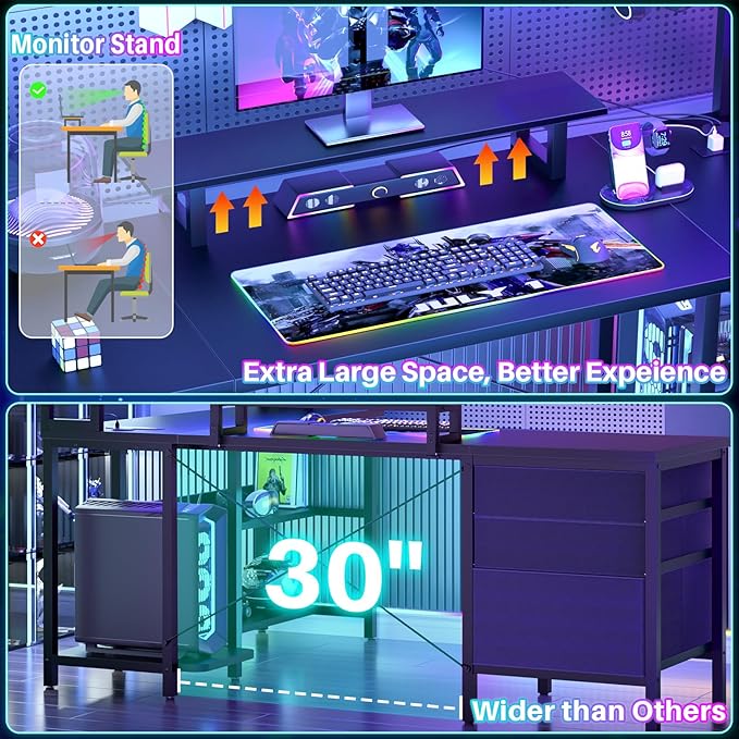 Aheaplus L Shaped Desk with Hutch, Gaming Desk with Led Lights, Reversible Computer Desk with Power Outlet, Corner Desk with File Drawer & Monitor Stand, Storage Shelves for Home Office, Black - LeafyLoom