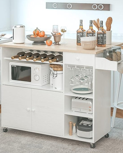 IRONCK Rolling Kitchen Island Cart with Drop-Leaf and Wine Rack, Microwave Rack Serving Cart on Wheels with Drawer & Shelves & Spice Rack & Cup Hanging, White - LeafyLoom