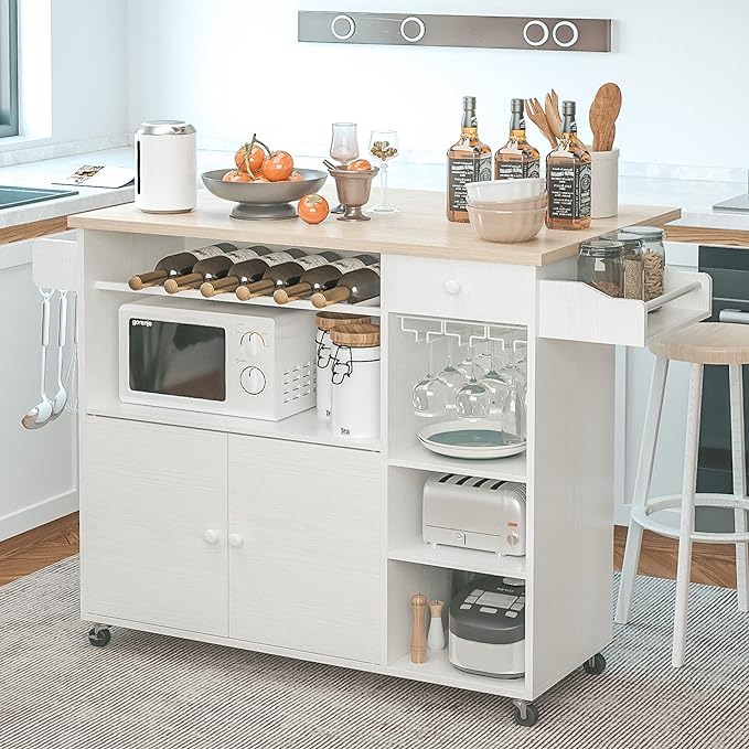 IRONCK Rolling Kitchen Island Cart with Drop-Leaf and Wine Rack, Microwave Rack Serving Cart on Wheels with Drawer & Shelves & Spice Rack & Cup Hanging, White - LeafyLoom