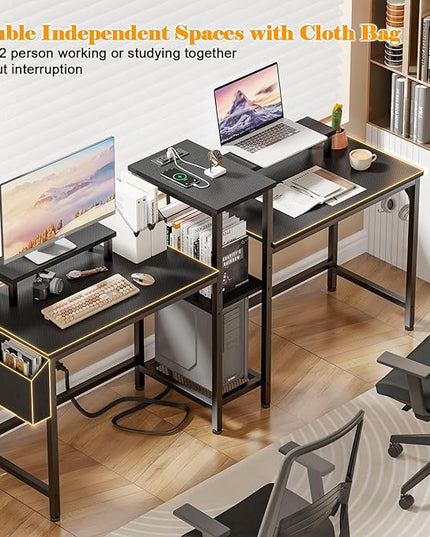 Furologee 2 Person Gaming Desk with LED Lights, 71 Inch Computer Desk with Power Outlets and Monitor Stand, Double Desk with Storage Bag and Headphone Hooks, Study Writing Table for Home Office, Black - LeafyLoom