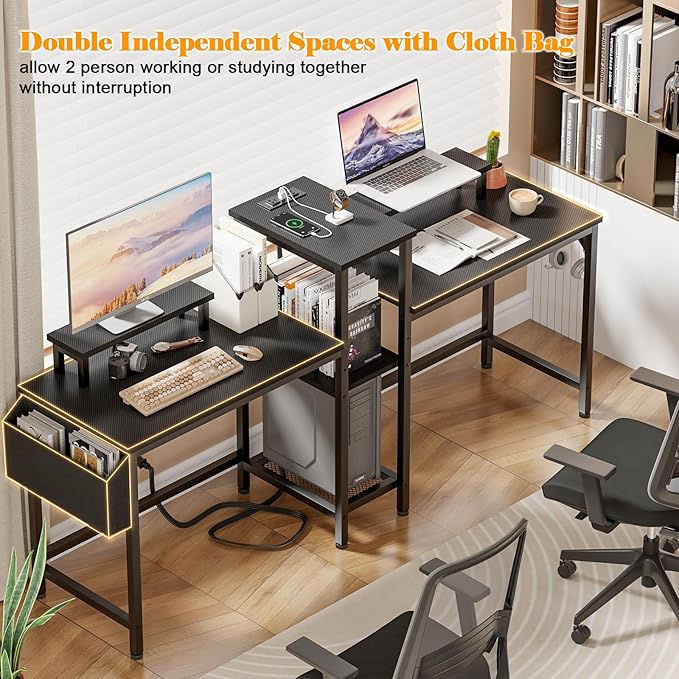 Furologee 2 Person Gaming Desk with LED Lights, 71 Inch Computer Desk with Power Outlets and Monitor Stand, Double Desk with Storage Bag and Headphone Hooks, Study Writing Table for Home Office, Black - LeafyLoom