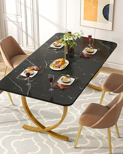 Dining Room Table, Kitchen Table with Faux Marble Table Top and Gold Metal Legs - LeafyLoom