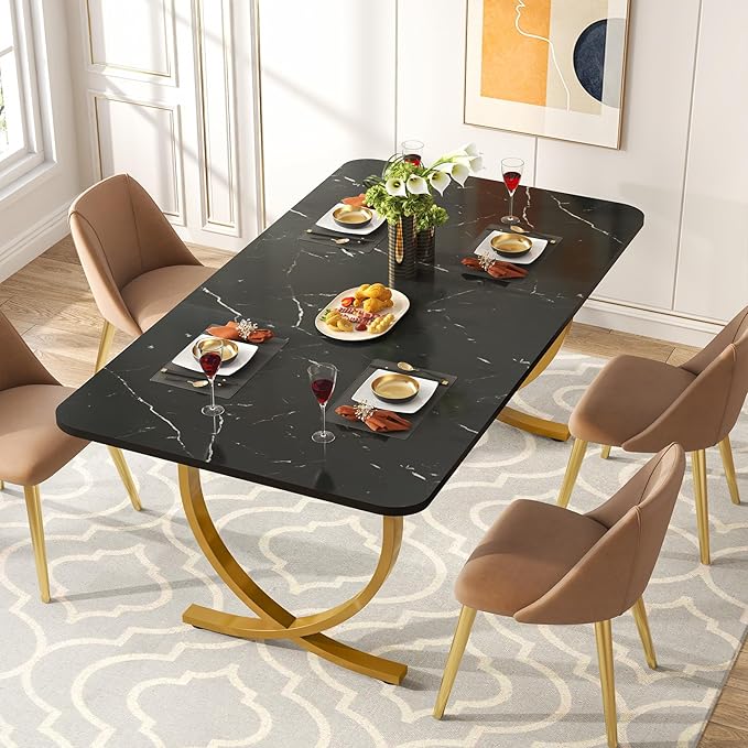 Dining Room Table, Kitchen Table with Faux Marble Table Top and Gold Metal Legs - LeafyLoom