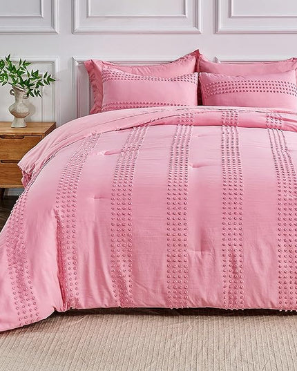 ENJOHOS Queen Comforter Set 7 Piece - Pink Comforters Queen Size, Queen Bed in a Bag Set, Boho Tufted Bedding Comforter Set with Pom Pom Design, Lightweight Soft Microfiber Comforter Bed Set - LeafyLoom