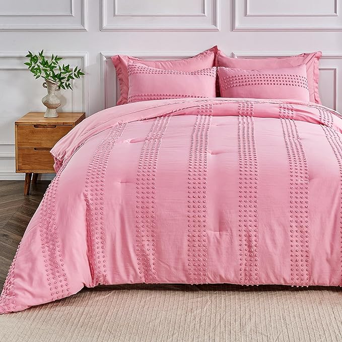 ENJOHOS Queen Comforter Set 7 Piece - Pink Comforters Queen Size, Queen Bed in a Bag Set, Boho Tufted Bedding Comforter Set with Pom Pom Design, Lightweight Soft Microfiber Comforter Bed Set - LeafyLoom