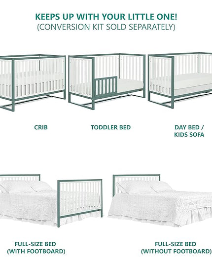 Arlo 5-in-1 Convertible Crib in Jungle Green, JPMA Certified, 3 Mattress Height Settings, Non-Toxic Finish, Made of Sustainable and Sturdy Pinewood - LeafyLoom