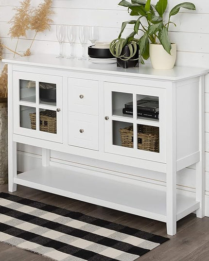 Walker Edison Charlotte Classic Glass Door Storage Buffet, 52 Inch, White - LeafyLoom
