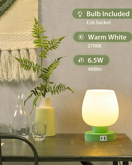 Touch Bedside Table Lamp with USB Charging - 3 Way Dimmable Small Glass Lamp for Bedroom, 2700K LED Bulb Included, Green, 2 Packs - LeafyLoom