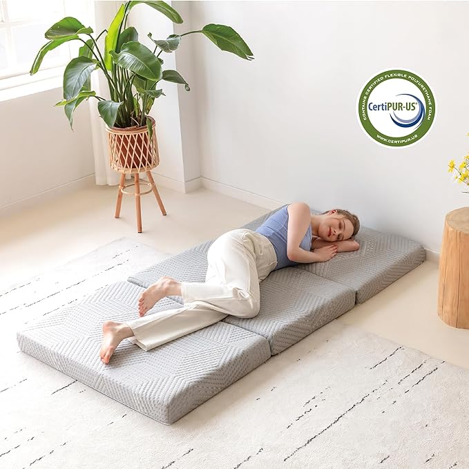 Tri-Fold Memory Foam Mattress, 4 inch Twin XL Folding Mattress with Collapsible and Washable Cover, Travel and Guest Mat, 80"×38"×4", Grey - LeafyLoom