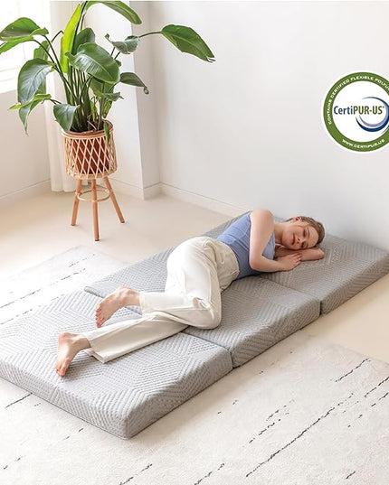 Tri-Fold Memory Foam Mattress, 4 inch Full Folding Mattress with Collapsible and Washable Cover, Travel and Guest Mat, 75"×54"×4", Grey - LeafyLoom