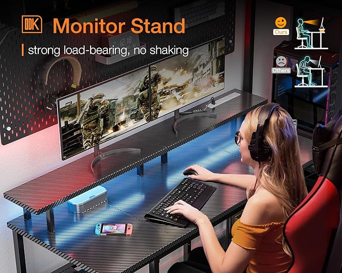 ODK 48 inch Computer Desk with Power Outlets & LED Lights, Gaming Desk with Monitor Stand & Storage Sheves, Home Office Desk, Carbon Fiber Black - LeafyLoom
