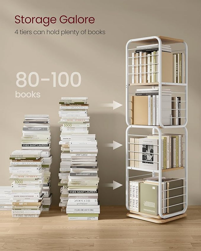 VASAGLE 4-Tier Rotating Bookshelf, Bookcase with Bookends for Small Spaces, Corner Shelf, Steel Frame, Natural Beige and Cloud White ULLS127W67 - LeafyLoom