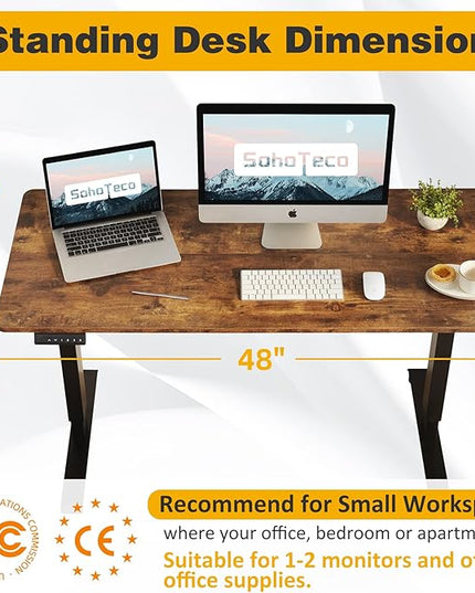 Height Adjustable Electric Stand Up Desk, 48x24 Computer Desk with Memory Presets for Home and Office, Black Frame & Brown Desktop - LeafyLoom