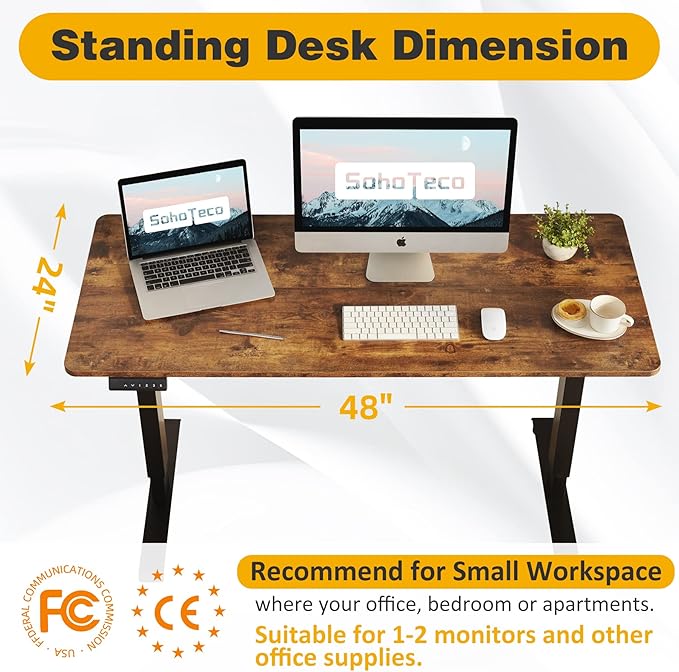 Height Adjustable Electric Stand Up Desk, 48x24 Computer Desk with Memory Presets for Home and Office, Black Frame & Brown Desktop - LeafyLoom