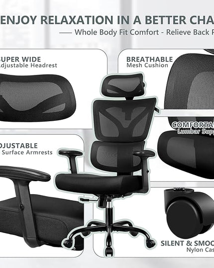 Office Chair Ergonomic Desk Chair, High Back Gaming Chair, Big and Tall Reclining chair Comfy Home Office Desk Chair Lumbar Support Breathable Mesh Computer Chair Adjustable Armrests (Black) - LeafyLoom