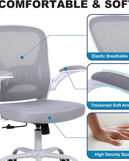 Mesh Office Chair, Ergonomic Computer Chair with Flip-up Arms and Lumbar Support, Height Adjustable Home Office Desk Chairs, Grey - LeafyLoom