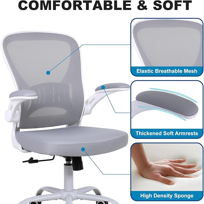 Mesh Office Chair, Ergonomic Computer Chair with Flip-up Arms and Lumbar Support, Height Adjustable Home Office Desk Chairs, Grey - LeafyLoom
