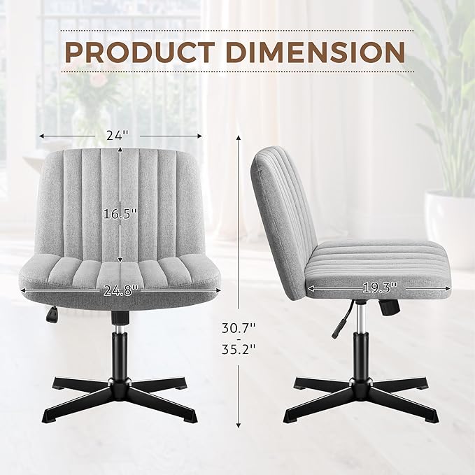 Criss Cross Legged Chair, Armless Swivel Wide Padded Height Adjustable Fabric Home Office, Light Grey - LeafyLoom