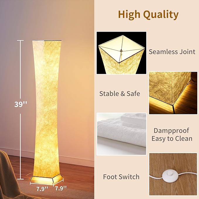 chiphy Floor Lamp, Dimmable 52" (S) Tall Standing Lamp, 3 Levels Adjustable Brightness 12Wx2 LED Bulbs, Column Floor Lamps, White Fabric Shade, Home Decor for Living Room, Bedroom, Kids Room - LeafyLoom