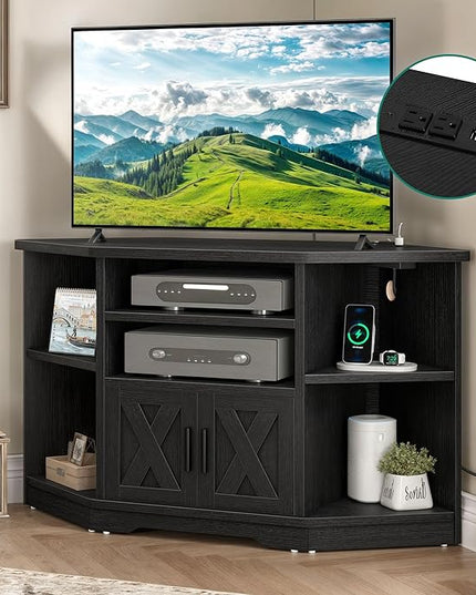 YITAHOME Corner TV Stand, Entertainment Center, Farmhouse TV Stand 55 inch TV w/Power Outlet, TV Stand for Living Room w/Adjustable Storage Shelf, Television Stands for Living Room, Black - LeafyLoom