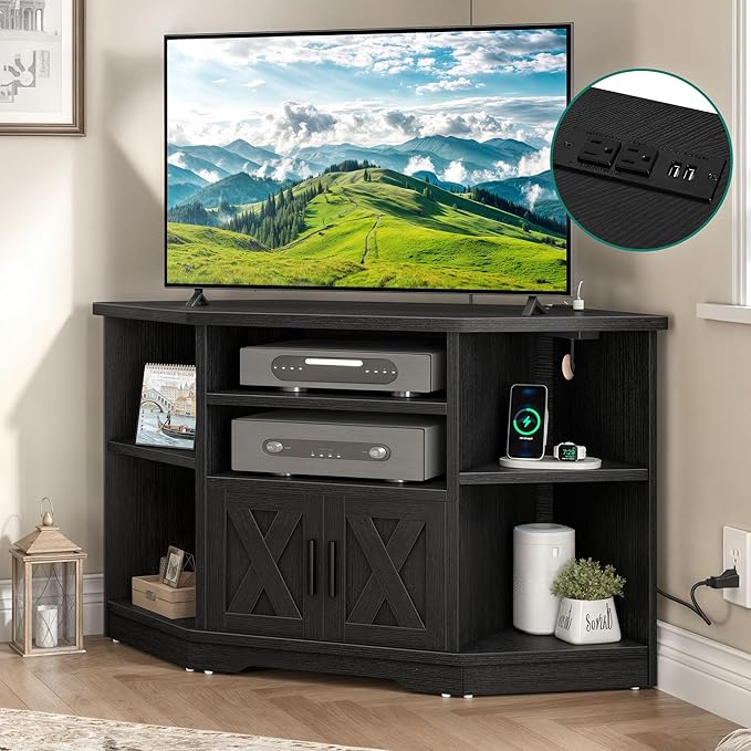 YITAHOME Corner TV Stand, Entertainment Center, Farmhouse TV Stand 55 inch TV w/Power Outlet, TV Stand for Living Room w/Adjustable Storage Shelf, Television Stands for Living Room, Black - LeafyLoom