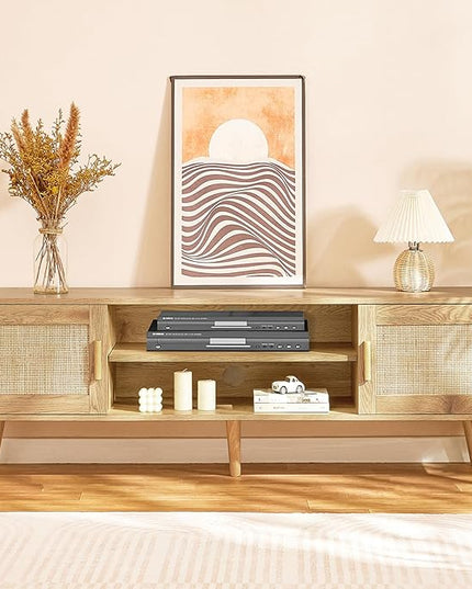 Iwell Boho Rattan TV Stand for 70 inch TV, Large TV Console, Entertainment Center with Adjustable Shelf and 2 Cabinets, Mid Century Modern TV Stands for Living Room, Bedroom, Natural - LeafyLoom