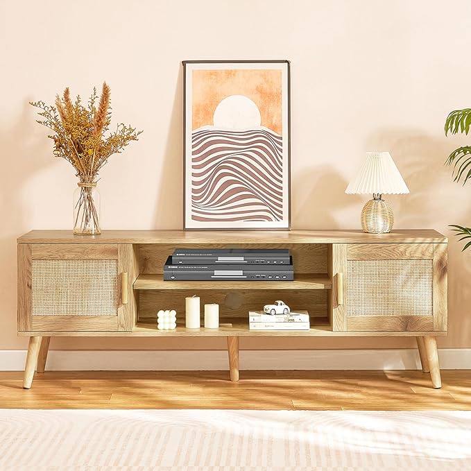 Iwell Boho Rattan TV Stand for 70 inch TV, Large TV Console, Entertainment Center with Adjustable Shelf and 2 Cabinets, Mid Century Modern TV Stands for Living Room, Bedroom, Natural - LeafyLoom
