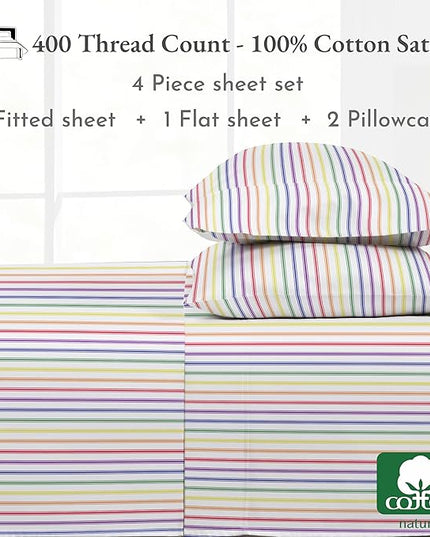 California Design Den Rainbow Stripe Full Sheet Set, 4 Piece 100% Cotton Sheets Deep Pocket, Luxury 400 Thread Count Sateen (Rainbow Striped Sheets) - LeafyLoom