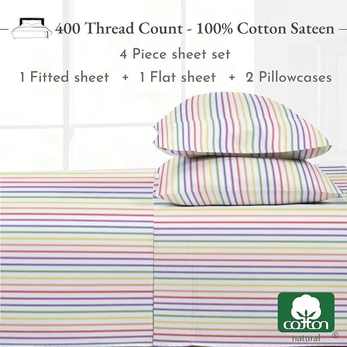 California Design Den Rainbow Stripe Full Sheet Set, 4 Piece 100% Cotton Sheets Deep Pocket, Luxury 400 Thread Count Sateen (Rainbow Striped Sheets) - LeafyLoom