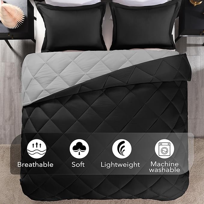 downluxe King Size Comforter Set - Black and Grey King Comforter, Soft Bedding Sets for All Seasons -3 Pieces - 1 Comforter (104"x92") and 2 Pillow Shams(20"x36") - LeafyLoom
