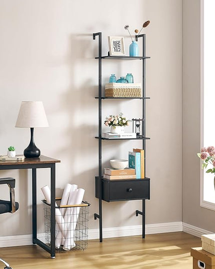 Tajsoon Ladder Shelf, Tall Bookcase with Storage Drawers, 4-Tier Wood Wall Mounted Bookshelf, Open Display Rack, Storage Shelves for Bedroom, Home Office, Collection, Plant Flower, Black - LeafyLoom